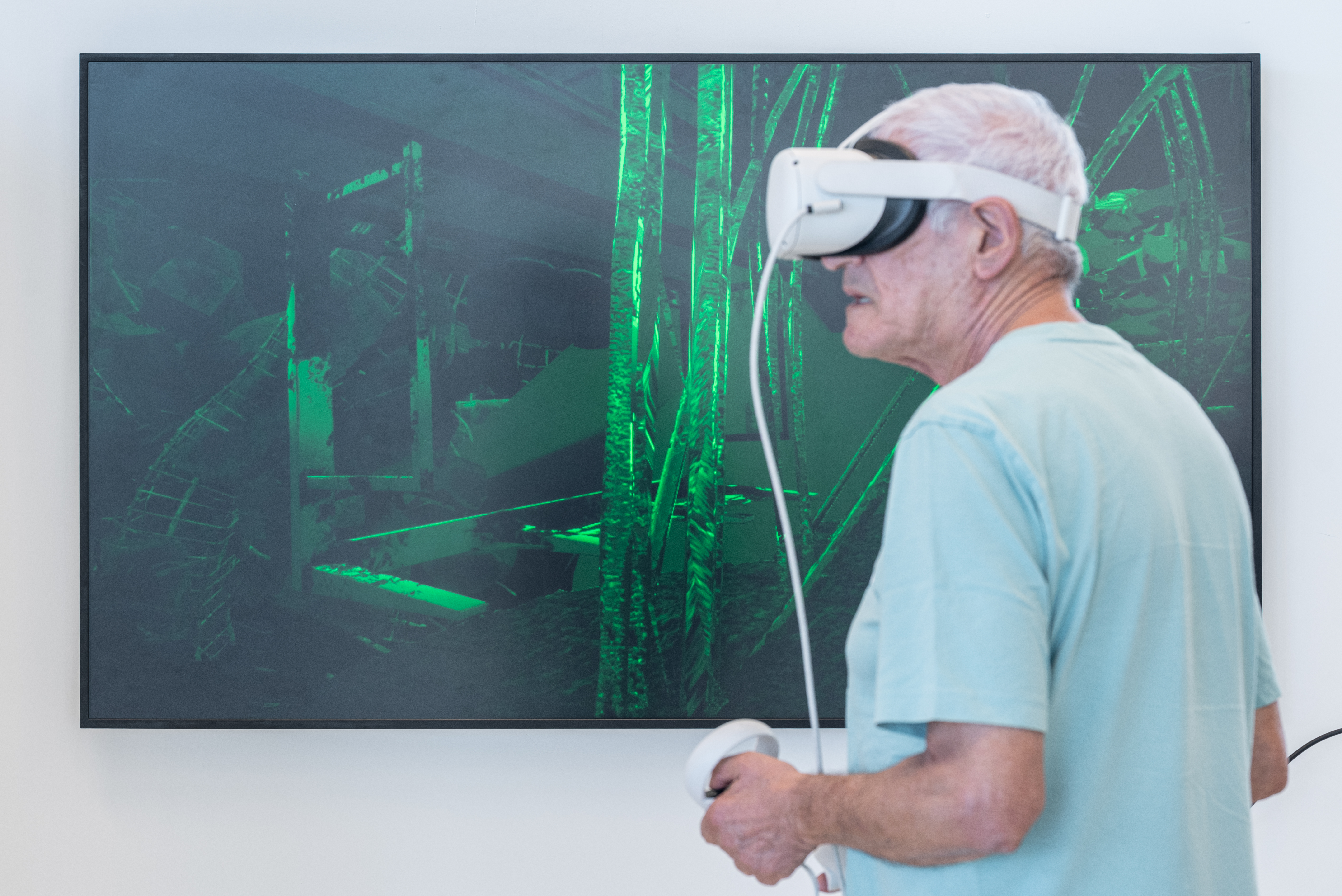 Visitor in VR headset — profile view, green spike-forest visible on screen